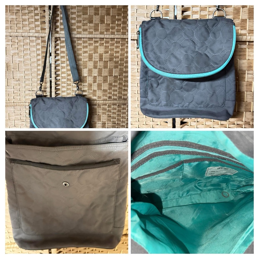 Thirty-One Gray Quilted Messenger Bag with Teal Trim